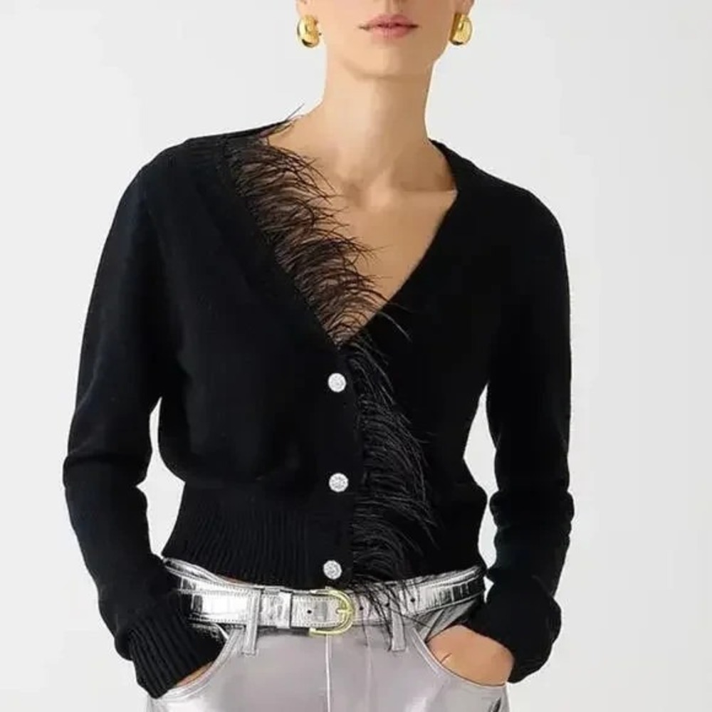 J. Crew Black Feather-trim Jewel Buttons Cropped Cardigan Sweater Wool Cashmere